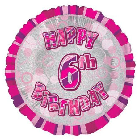 Glitz Pink 6th Birthday Round 45cm (18) Foil Balloon Packaged