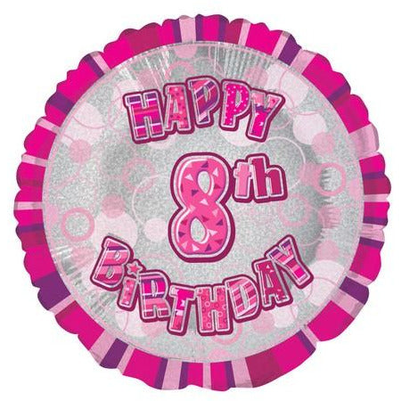 Glitz Pink 8th Birthday Round 45cm (18) Foil Balloon Packaged