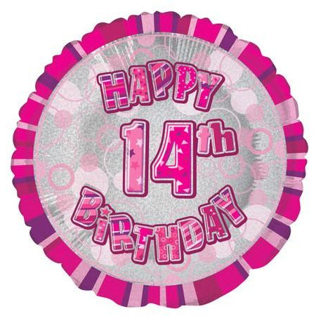 Glitz Pink Happy 14th Birthday Round Foil Balloon 45cm Default Title