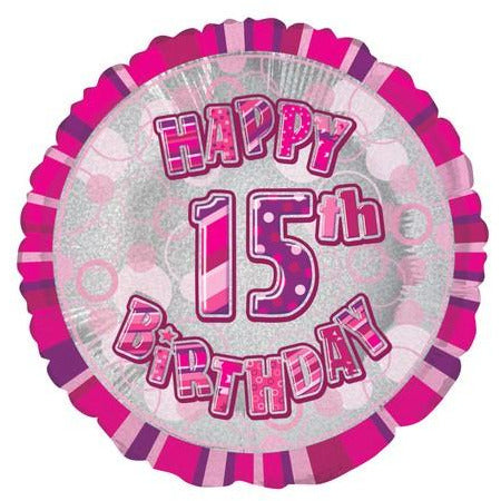 Glitz Pink 15th Birthday Round 45cm (18) Foil Balloon Packaged