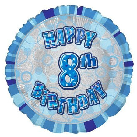 Glitz Blue Happy 8th Birthday Round Foil Balloon 45cm Default Title