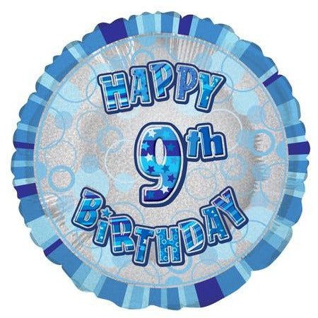 Glitz Blue Happy 9th Birthday Round Foil Balloon 45cm Default Title