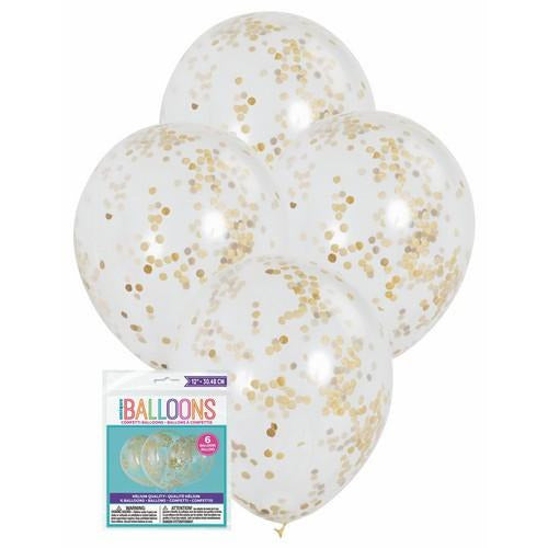 6 x 30.48cm (12) Clear Balloons Prefilled With Gold Confetti