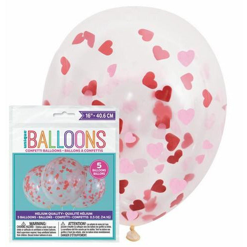 5 x 40cm (16) Clear Balloons Prefilled With Pink And Red Heart Shaped Tissue Confetti