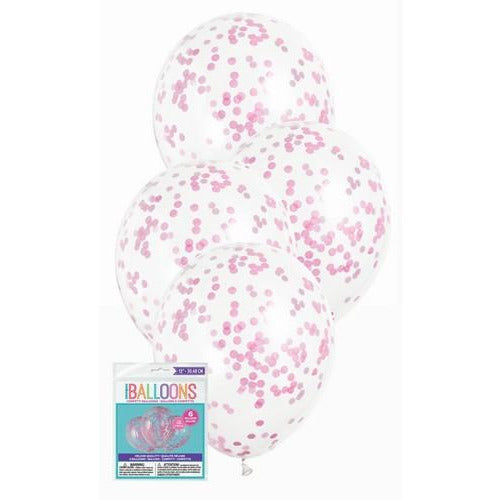 6 x 30.48cm (12) Clear Balloons Prefilled With Hot Pink Confetti