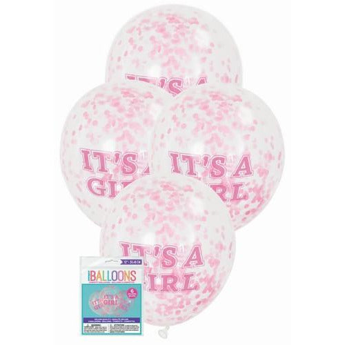 Its A Girl 6 x 30.48cm (12) Clear Balloons Prefilled With Pink Confetti