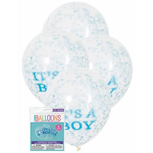 Its A Boy 6 x 30.48cm (12) Clear Balloons Prefilled With Blue Confetti