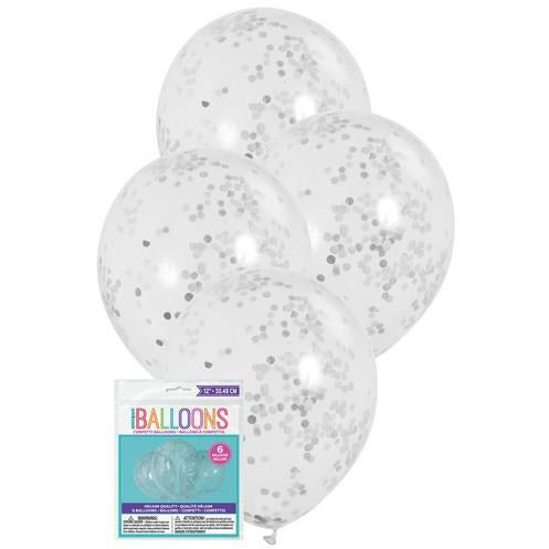 6 x 30.48cm (12) Clear Balloons Prefilled With Silver Confetti