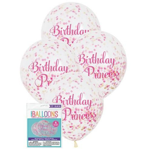 Birthday Princess 6 x 30cm (12) Clear Balloons Prefilled With Dark Pink, Light Pink & Gold Confetti