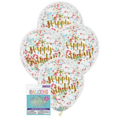 Glitzy Gold Birthday 6 x 30.48cm (12) Clear Balloons Prefilled With Multi-Coloured Confetti