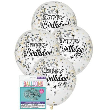 Glittering Birthday 6 x 30.48cm (12) Clear Balloons Prefilled With Silver, Gold & Black Confetti