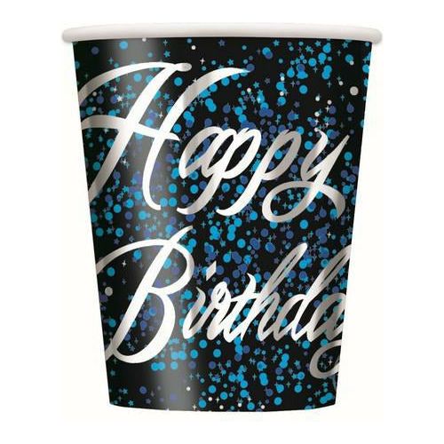 Glitz Blue Happy Birthday 8 x 270ml Foil Stamped Paper Cups