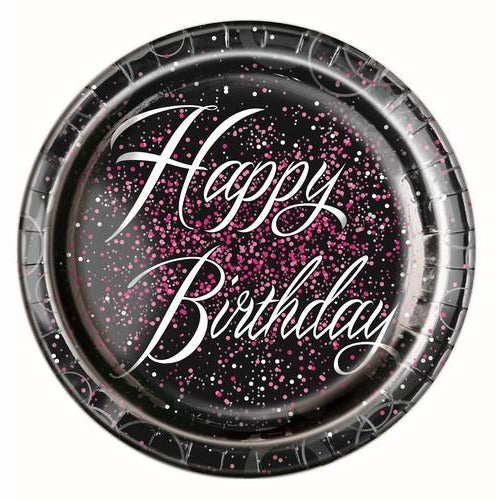 Glitz Pink Happy Birthday 8 x 23cm Foil Stamped Paper Plates Default Title