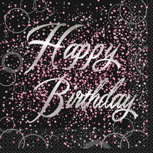 Glitz Pink 16 Foil Stamped Happy Birthday Luncheon Napkins 2ply 33 x 33cm
