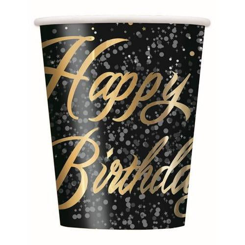 Glitz Gold Happy Birthday Paper Cups 270ml 8Pk - Dollars and Sense