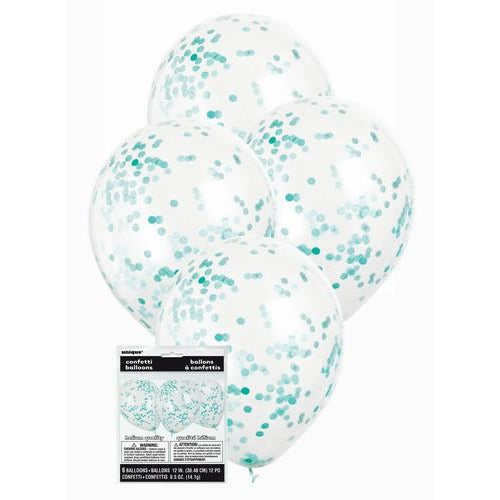 6 x 30cm (12) Clear Balloons With Caribbean Teal Confetti