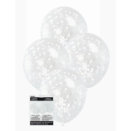 6 x 30cm (12) Clear Balloons With White Confetti