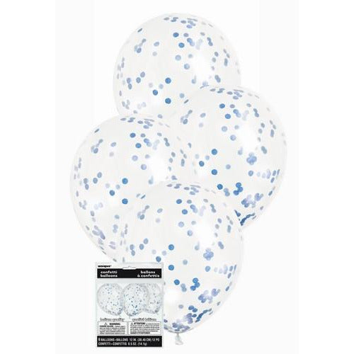 6 x 30cm (12) Clear Balloons With Royal Blue Confetti