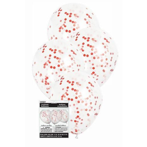 6 x 30cm (12) Clear Balloons With Ruby Red Confetti