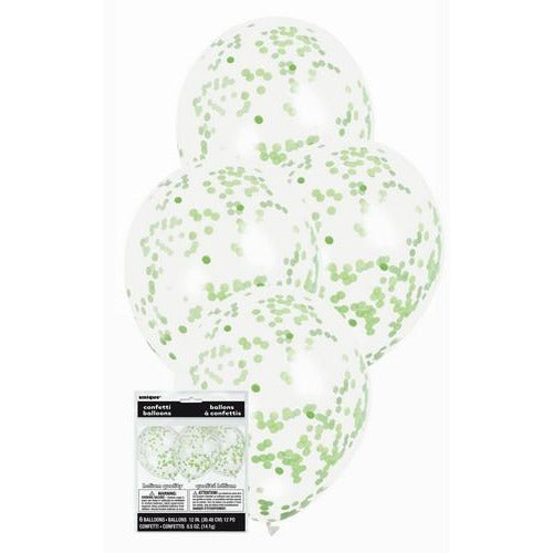 6 x 30cm (12) Clear Balloons With Lime Green Confetti