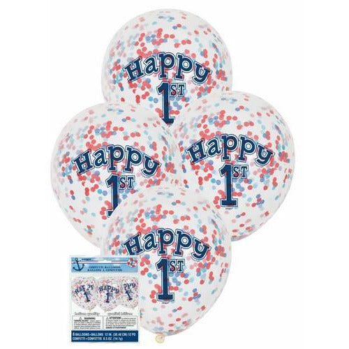 Nautical 1st Birthday 6 x 30cm (12) Clear Balloons With Blue & Red Confetti