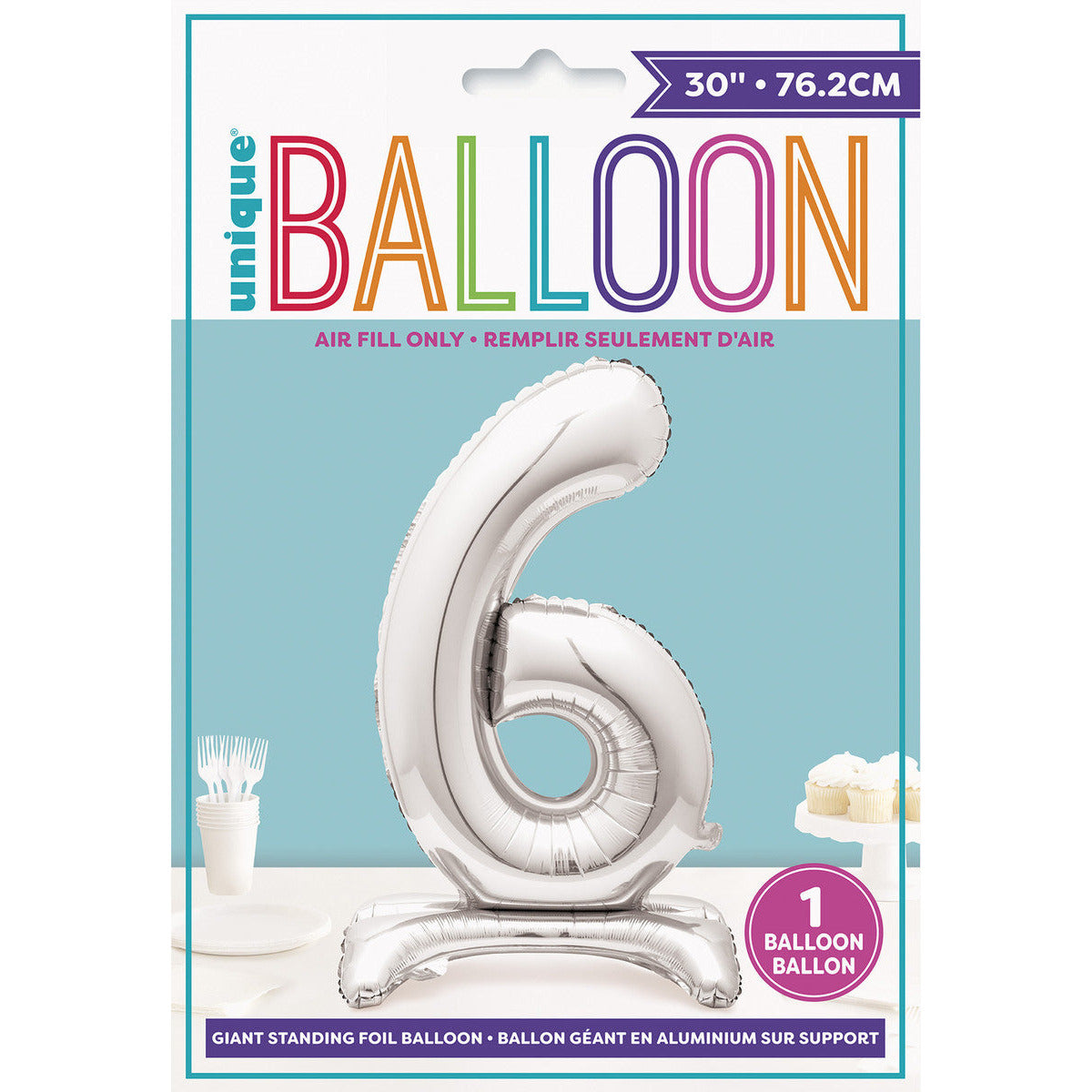 Number 6 Silver Foil Standing Balloon - Dollars and Sense
