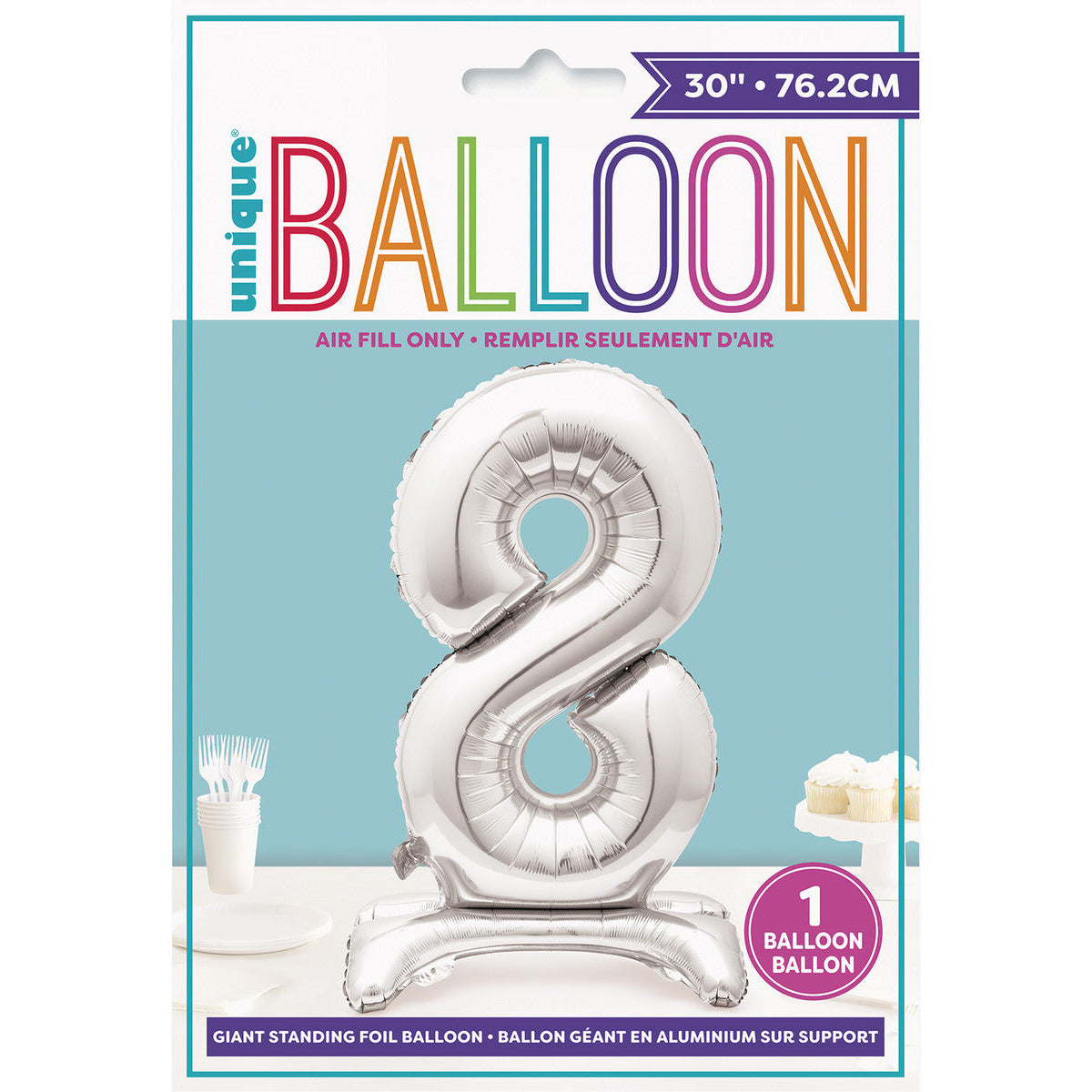 Number 8 Silver Foil Standing Balloon - Dollars and Sense