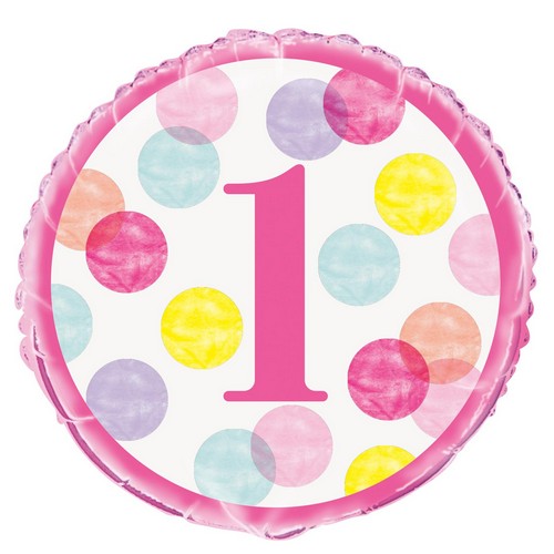1st Birthday Dots Pink 45cm (18) Foil Balloon Packaged