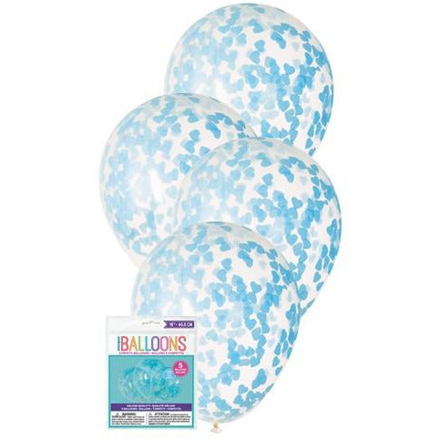 5 x 40.6cm (16) Clear Balloons Prefilled with Powder Blue Heart Shaped Confetti