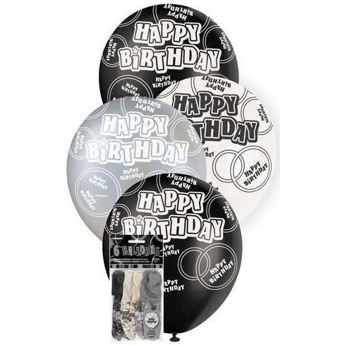 Glitz Black 6 x 30cm (12) Latex Balloons - Happy Birthday
