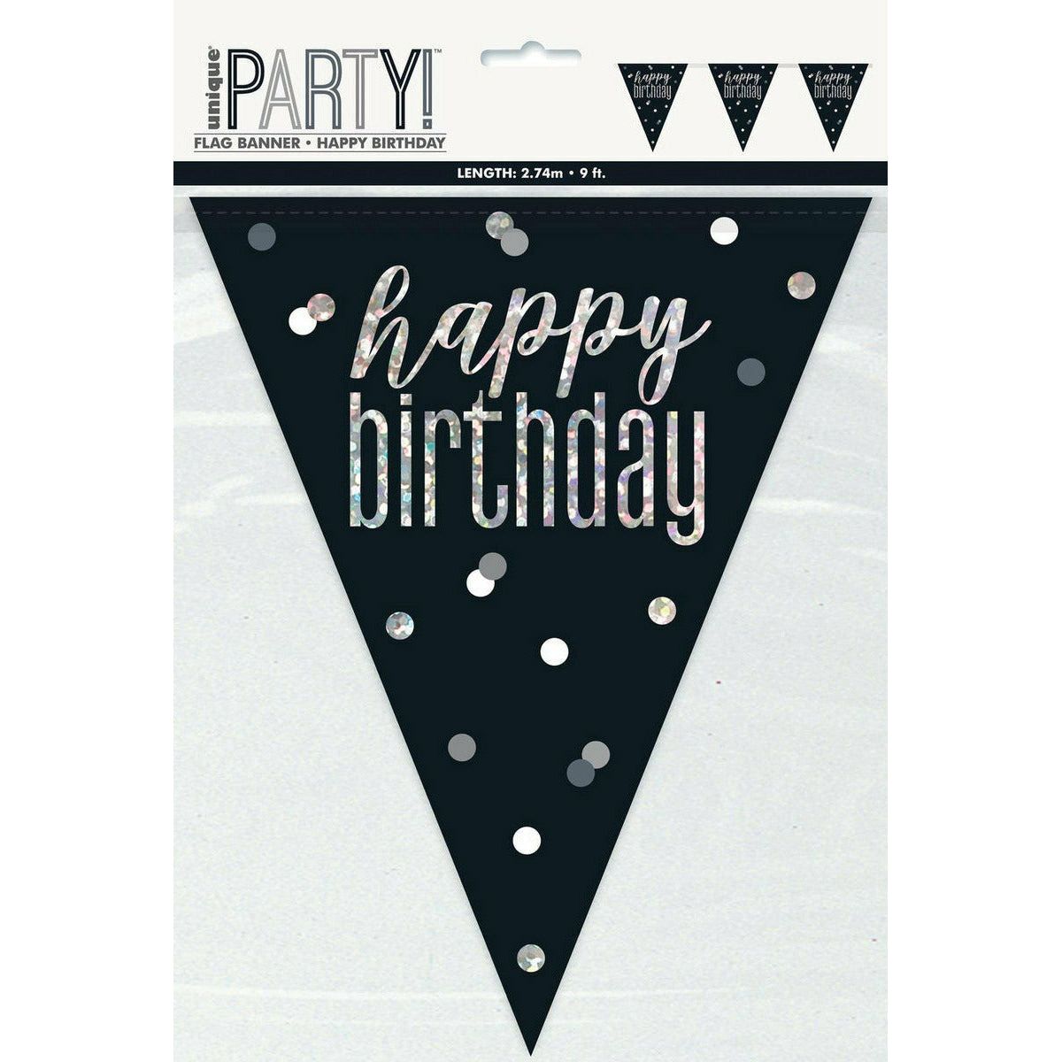 Prismatic Foil Flag Banner Happy Birthday Black and Silver - 2.74m 1 Piece - Dollars and Sense