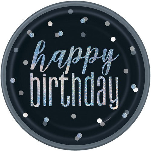 Black And Silver Happy Birthday 8 x 23cm (9) Prismatic Paper Plates