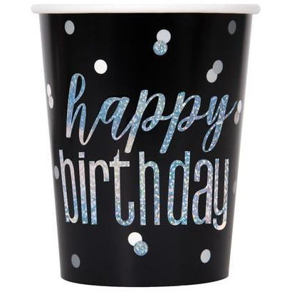 Black And Silver Happy Birthday 8 x 270mL (9oz) Prismatic Paper Cups