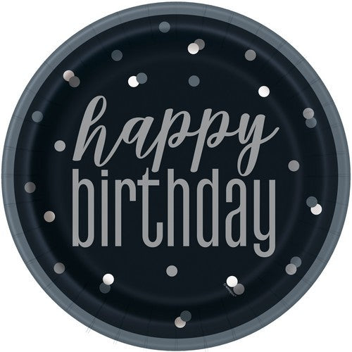 Black And Silver Happy Birthday 8 x 23cm (9) Paper Plates