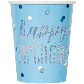 Blue Happy Birthday 8 x 270mL (9oz) Prismatic Paper Cups