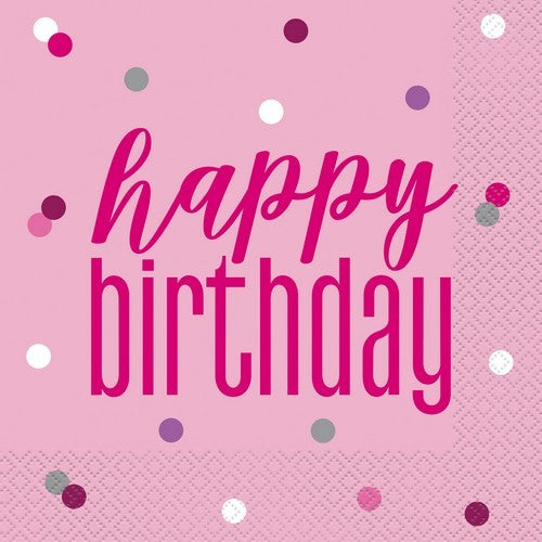 Pink Happy Birthday 16 Luncheon Napkins 2ply 33cm x 33cm (13 x 13)