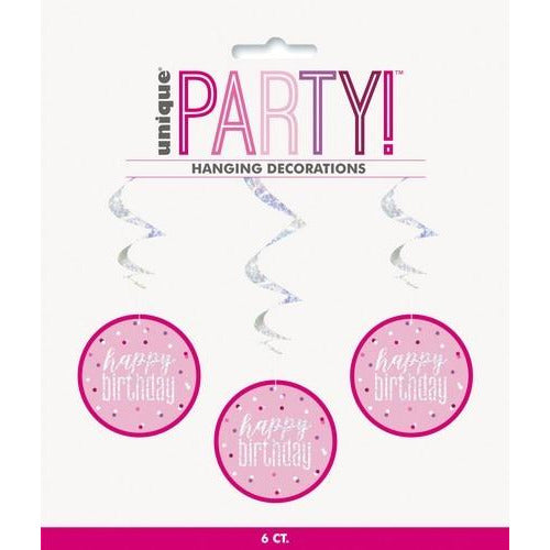 Pink 6 Prismatic Hanging Swirl Decorations 81cm Happy Birthday Default Title