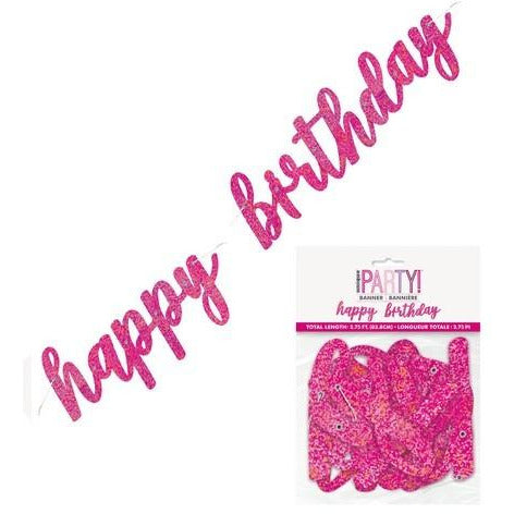 Happy Birthday Prismatic Pink Foil Script Jointed Banner 83.8cm (2.75)
