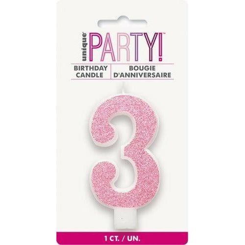 Numeral Candle 3 Glitter Pink - Dollars and Sense