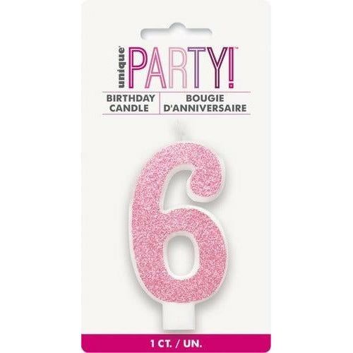 Numeral Candle 6 Glitter Pink - Dollars and Sense
