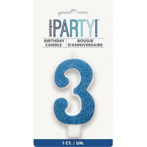 Numeral Candle 3 Glitter Blue - Dollars and Sense