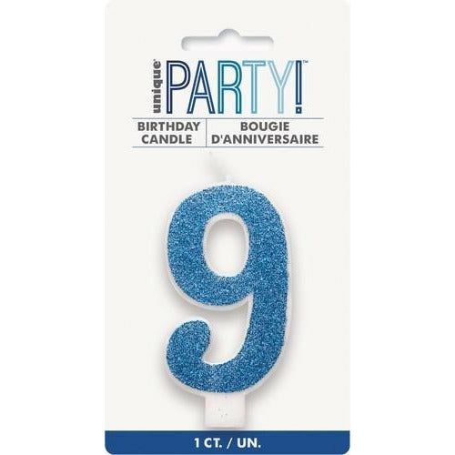 Numeral Candle 9 Glitter Blue - Dollars and Sense