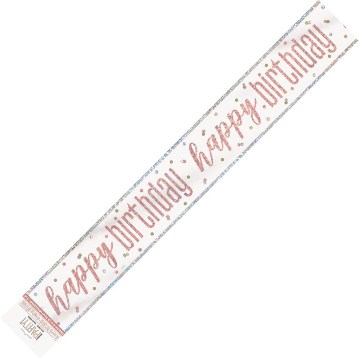 Rose Gold Happy Birthday Prismatic Foil Banner - 2.74m 1 Piece - Dollars and Sense
