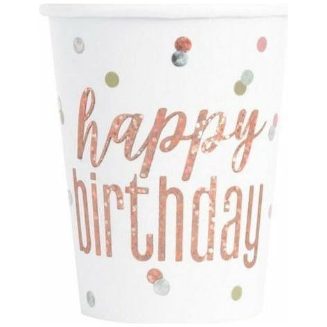 Rose Gold Happy Birthday 8 x 270mL Prismatic Paper Cups