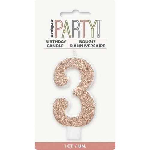 Numeral Candle 3 Glitter Rose Gold - Dollars and Sense