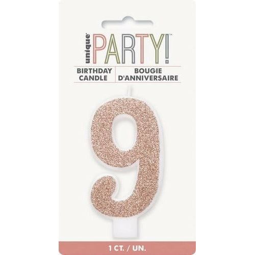 Numeral Candle 9 Glitter Rose Gold - Dollars and Sense
