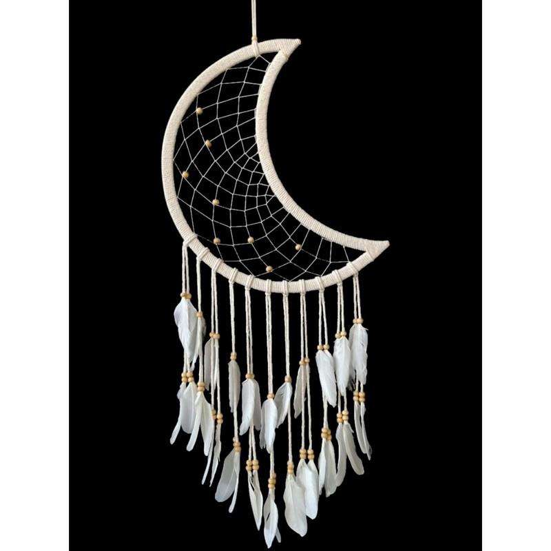 White Moon Shape Dream Catcher with Feathers 97cm - Dollars and Sense