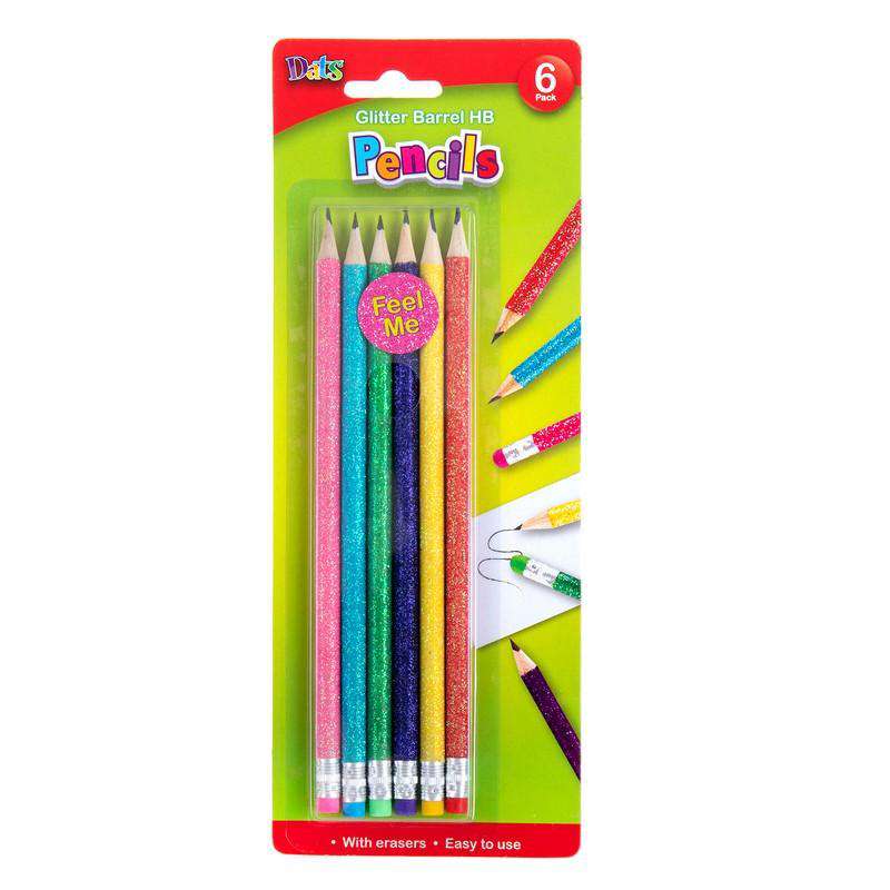 HB Glitter Barrel Pencils With Erasers 6Pk - Dollars and Sense