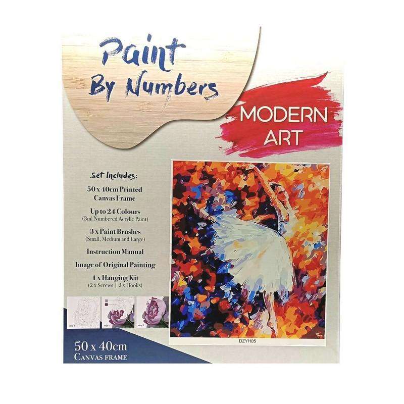 Paint By numbers frame set now available in store and online. Set includes 50 x 40 cm Printed Canvas Frame Upto 24 Colours(numerical acrylic paint)3 x Paint brushes(small medium and large)Image of Original Painting1 x Hanging Kit(2 Screws and 2 x Hooks)