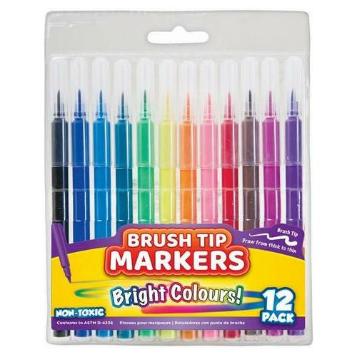 Coloured Markers with Brush Tip - 12 Pack - Dollars and Sense